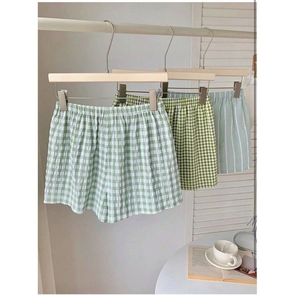 3pcs Solid Elastic Waist Track Shorts Green Plaid/stripe Lightweight XS Adorable